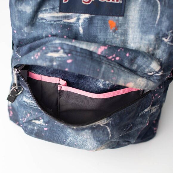 JanSport Backpack Distressed Denim Paint Splatter Print T501 Blue/Pink - Picture 7 of 9
